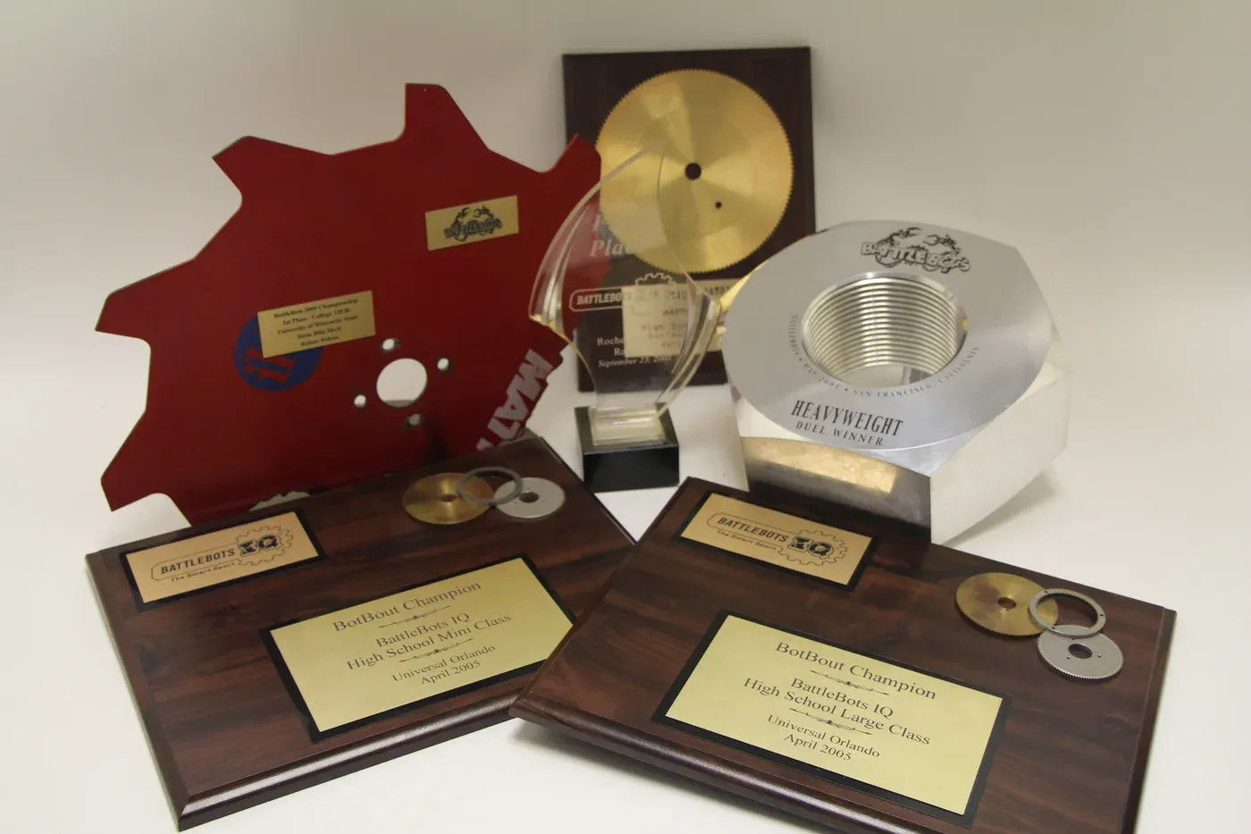 Team Whyachi trophies, including the BattleBots Giant Nut